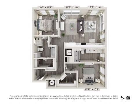 Floor plan for 2 beds, 2 baths, 1104 sqft
